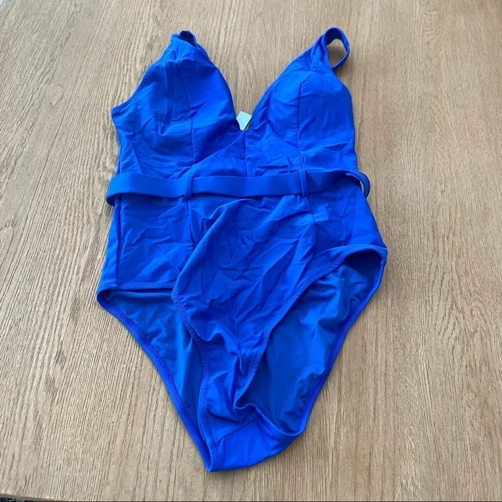 NWT Cupshe Size XXL Blue Belted One Piece v-neck Swimsuit